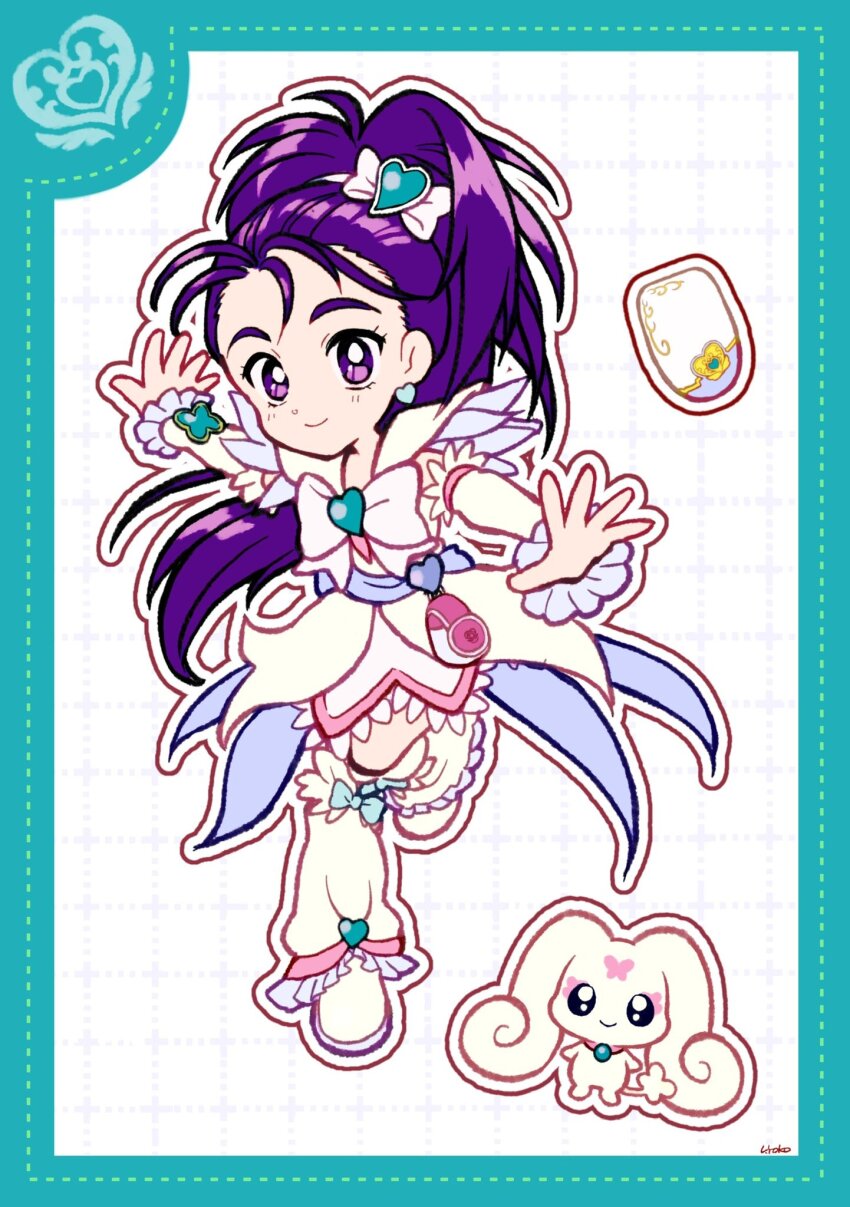 1girl aqua_border aqua_bow aqua_brooch belt belt_bag blue_belt border bow bow_hairband bow_legwear bowtie brooch cellphone choppy coattails cure_egret deformed dotted_line dress feather-trimmed_sleeves flip_phone forehead frilled_arm_warmers frilled_leg_warmers full_body futari_wa_precure_splash_star grid_background hair_ornament hairband heart heart_brooch heart_hair_ornament high_ponytail highres jewelry lace lace-trimmed_skirt lace_trim leg_up leg_warmers long_hair magical_girl miniskirt mishou_mai outline outstretched_arms phone pink_bag pink_skirt ponytail precure purple_hair shoes short_dress short_sleeves skirt skirt_under_dress thick_eyebrows two-tone_bag uwded_207 very_long_hair white_arm_warmers white_background white_bag white_bow white_bowtie white_dress white_hairband white_leg_warmers white_outline white_shoes