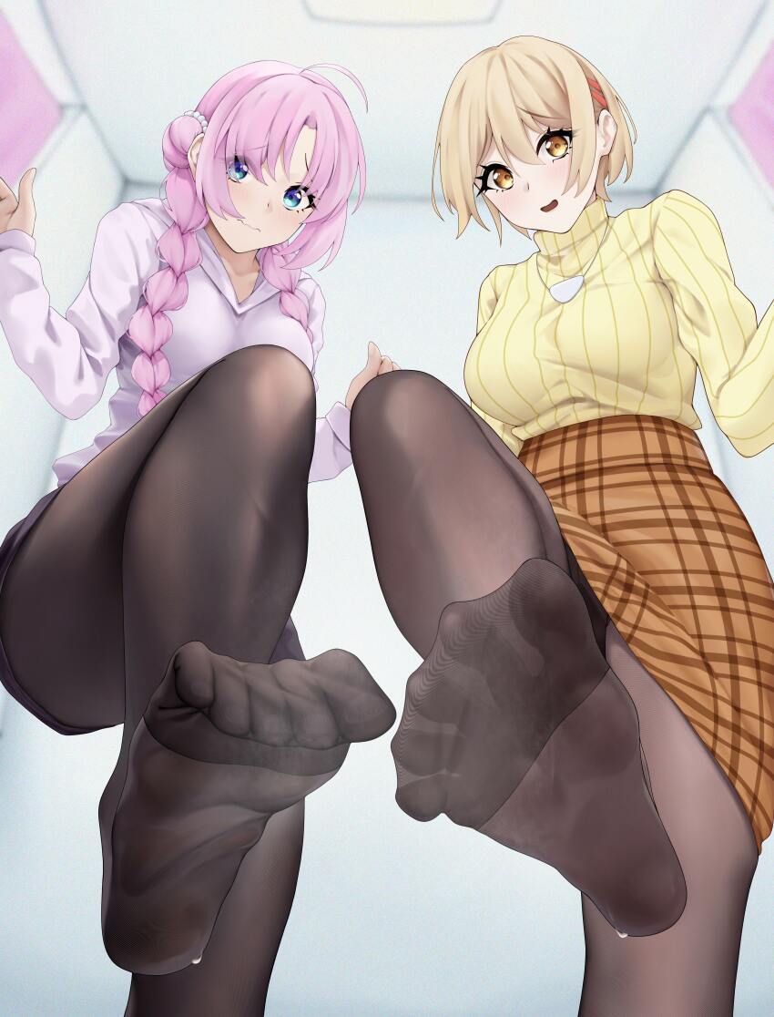 2girls absurdres akeuchi_yuu blonde_hair blue_eyes braid feet highres hoshikuzu_telepath light_blush long_hair looking_at_viewer medium_hair multiple_girls nya_cot pantyhose parted_lips pink_hair soles steam sweat takaragi_haruno toes twin_braids yellow_eyes
