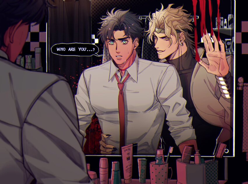 2boys bathroom black_nails blonde_hair blood blood_on_hands blue_eyes blue_hair bracelet dio_brando english_text evil_smile hako_iix07 indoors jacket jewelry jojo_no_kimyou_na_bouken jonathan_joestar long_hair long_sleeves looking_at_another looking_at_mirror looking_at_self male_focus mirror multiple_boys necktie parted_lips phantom_blood red_necktie reflection reflection_focus shampoo_bottle shirt short_hair smile stardust_crusaders sweatdrop toothbrush toothpaste white_shirt yaoi yellow_eyes yellow_jacket
