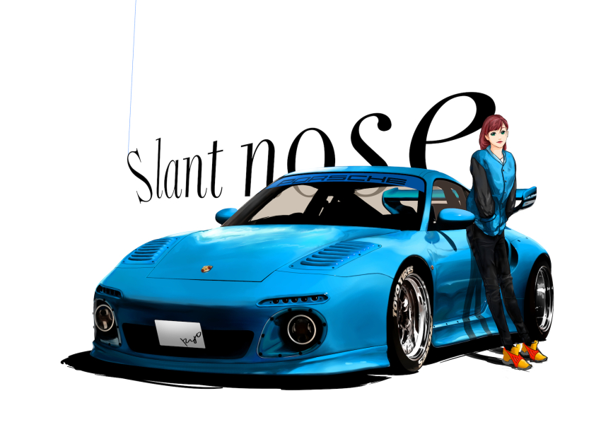 1girl aqua_eyes black_pants blue_jacket brown_hair car commentary company_name english_commentary english_text head_tilt highres jacket leaning_forward letterman_jacket license_plate long_hair looking_at_viewer motor_vehicle orange_shoes original pants porsche porsche_911 porsche_996 ryo-sen shadow shoes sneakers spoiler_(automobile) sports_car vehicle_focus