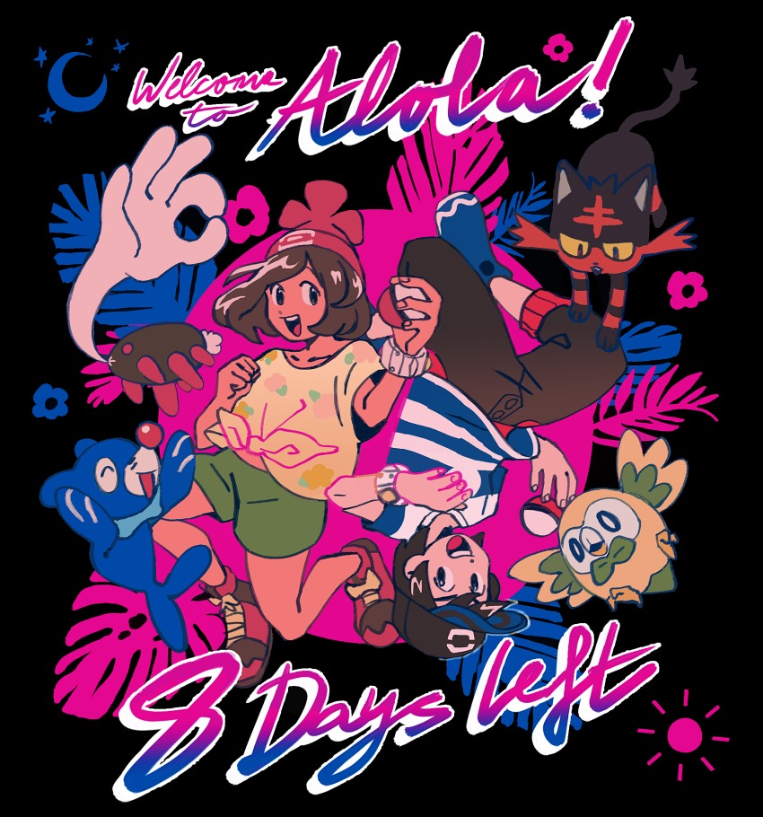 1boy 1girl baseball_cap beanie black_hair brown_hair capri_pants countdown crescent_moon elio_(pokemon) english_text flower_symbol gen_7_pokemon hat highres holding holding_poke_ball litten mile moon nintendo ok_sign pants poke_ball pokemon pokemon_(creature) pokemon_sm popplio pyukumuku rowlet sanigo selene_(pokemon) shirt short_hair smile starter_pokemon_trio striped_clothes striped_shirt sun_symbol tied_shirt upside-down z-ring