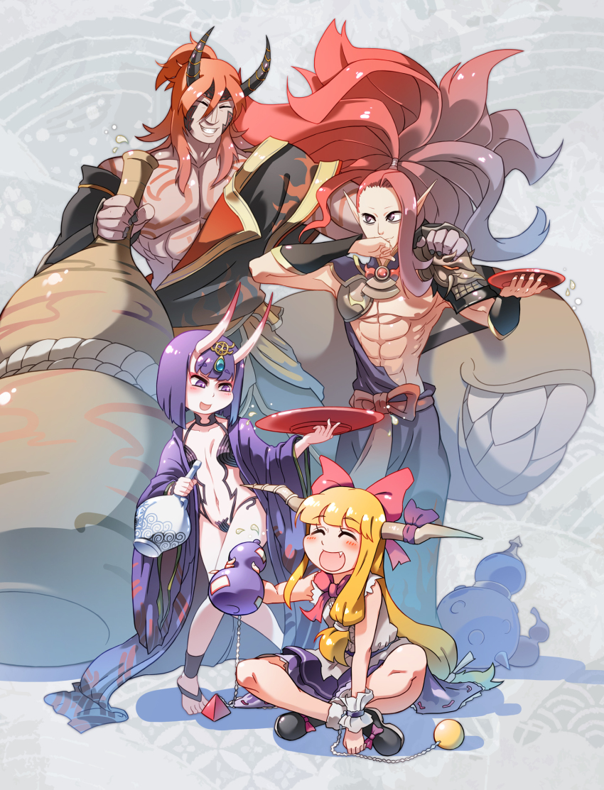 2boys 2girls ^_^ alcohol blonde_hair bob_cut bow closed_eyes crossover cup fangs fate/grand_order fate_(series) hair_bow happy highres horn_ornament horn_ribbon horns ibuki_suika multiple_boys multiple_girls muscular musou_orochi_2 name_connection navel oni onmyoji open_mouth purple_eyes purple_hair red_hair ribbon sakazuki sake shuten_douji_(fate) shuten_douji_(first_ascension)_(fate) shuten_douji_(musou_orochi) shuten_douji_(onmyoji) sitting skin-covered_horns touhou xin_yu_hua_yin