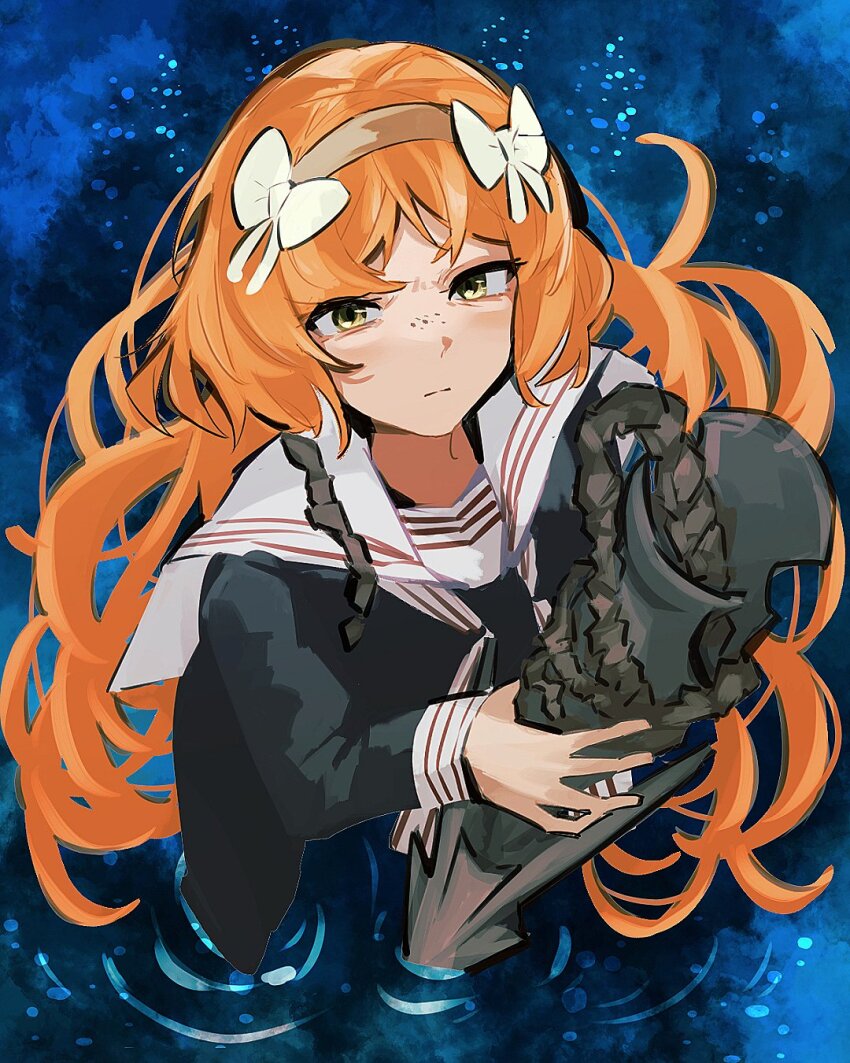 1girl black_shirt blue_background bow freckles from_above hair_bow hairband highres holding_harpoon ishmael_(project_moon) limbus_company long_hair long_sleeves looking_at_viewer nakame77 orange_hair project_moon rope sailor_collar sailor_shirt shirt snagharpoon_(e.g.o) solo very_long_hair wading water