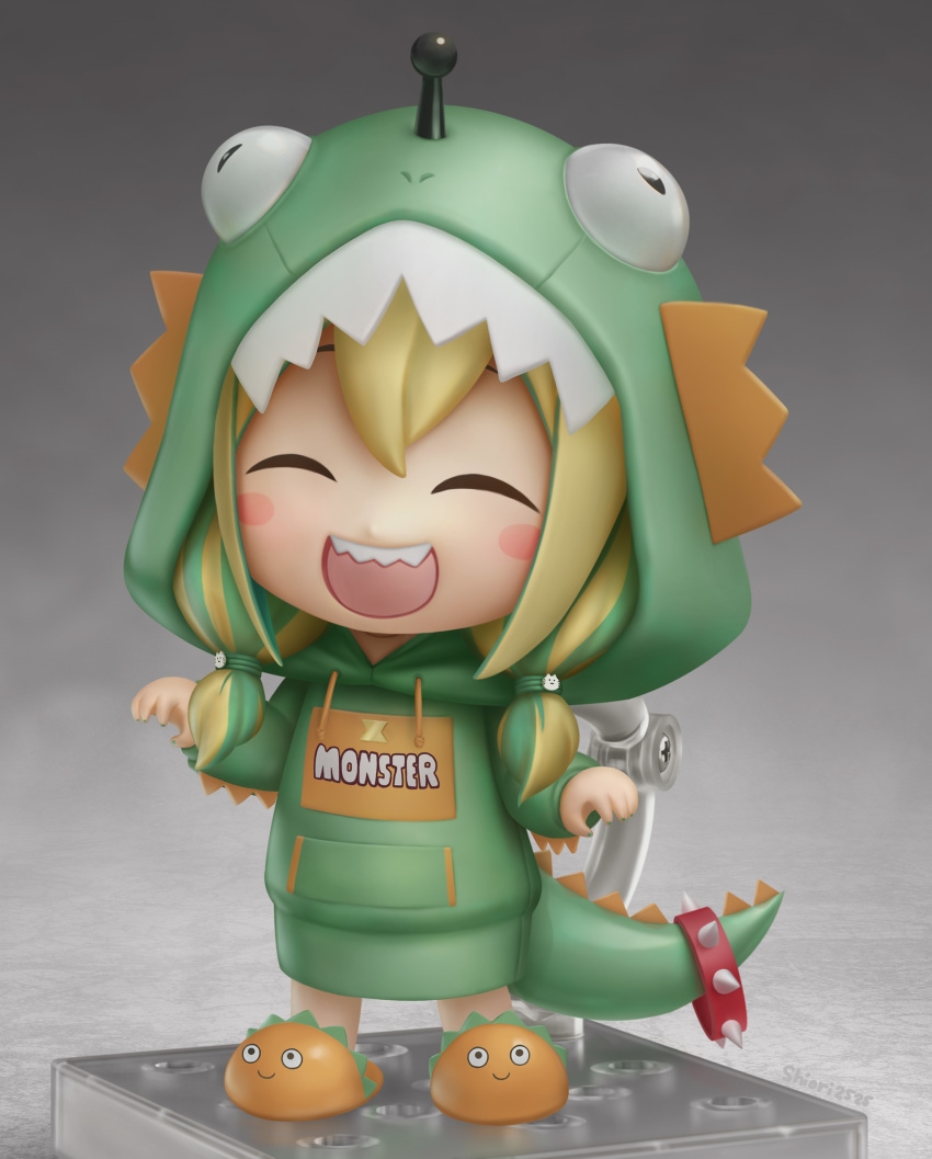 1girl :d ^_^ absurdres amano_pikamee animal_hair_ornament artist_name blonde_hair blush_stickers bright_pupils claw_pose closed_eyes commentary dinosaur_costume dinosaur_hood dinosaur_tail english_commentary figure_stand green_hair green_hoodie grey_background hands_up highres hood hoodie low_twintails multicolored_hair nendoroid official_alternate_costume open_mouth sharp_teeth shiori2525 simple_background slippers smile solo streaked_hair tail teeth twintails two-tone_hair virtual_youtuber voms white_pupils