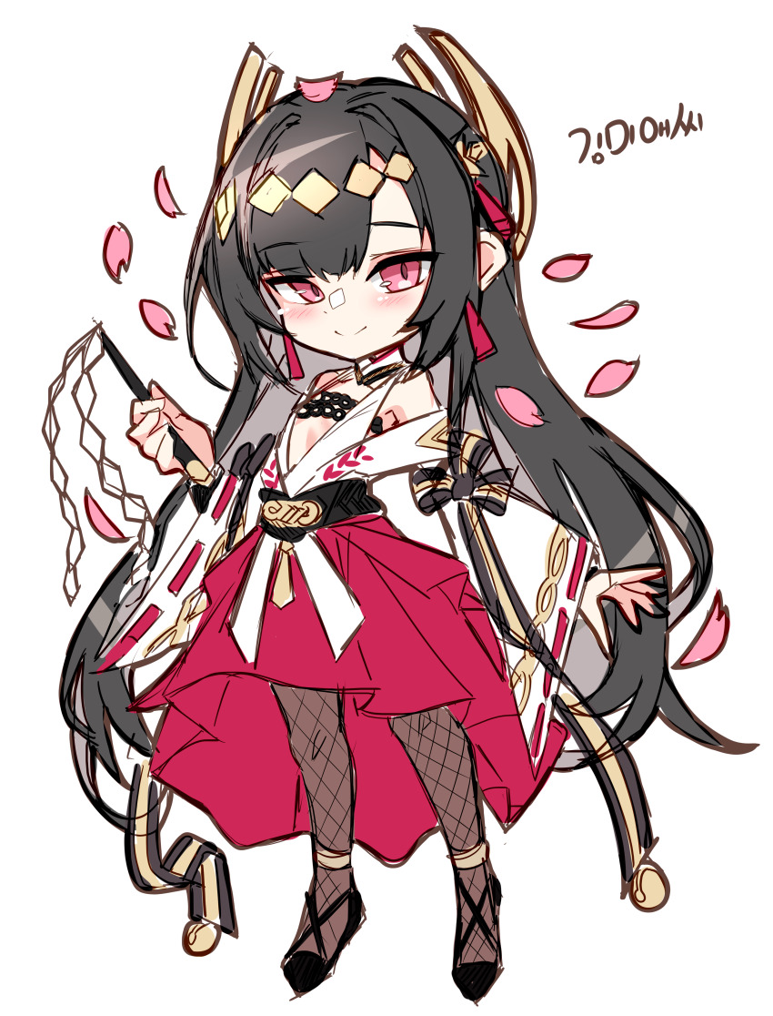 1girl absurdres black_hair blush cherry_blossoms fishnet_pantyhose fishnets full_body girls&#039;_frontline girls&#039;_frontline_neural_cloud godgamesc2 gohei highres kimie_(neural_cloud) long_hair looking_at_viewer nontraditional_miko pantyhose pink_eyes smile solo very_long_hair