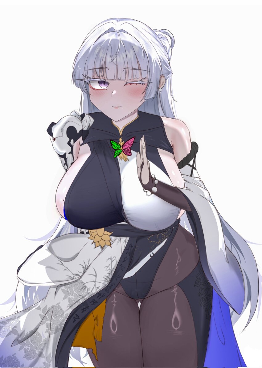 1girl black_pantyhose breasts chandlecat colored_eyelashes commentary goddess_of_victory:_nikke highres large_breasts leotard long_hair mechanical_arms mechanical_hands mole mole_on_breast nayuta_(nikke) one_eye_closed pantyhose sideboob simple_background single_mechanical_arm single_mechanical_hand solo split-color_clothes symbol-only_commentary thick_eyelashes unusually_open_eyes very_long_hair white_eyelashes white_hair