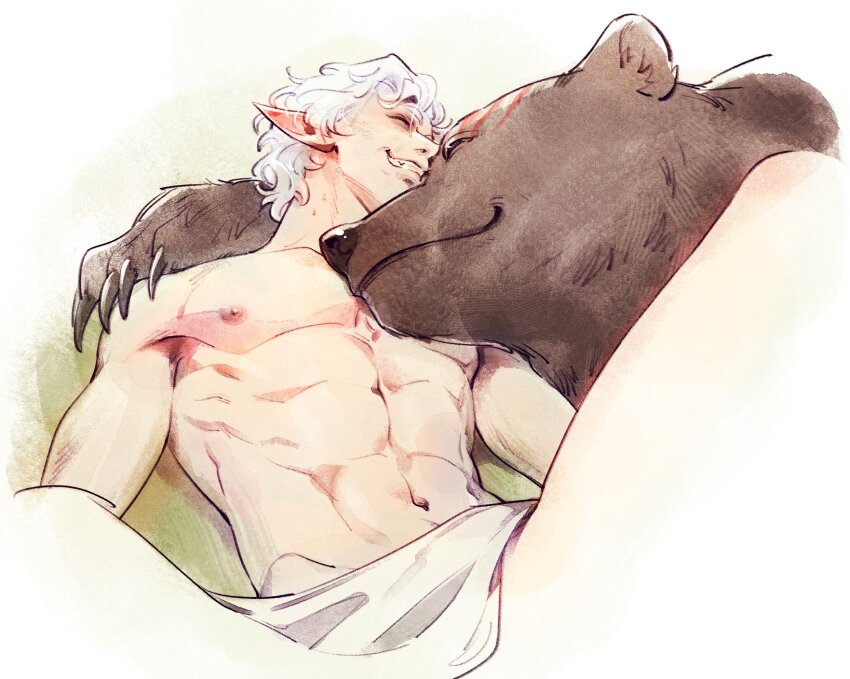 1boy abs animalization asahi_(baiyameng) astarion baldur&#039;s_gate baldur&#039;s_gate_3 bara bear blanket brown_bear closed_eyes cropped_torso grin halsin highres lying male_focus muscular muscular_male navel nipples pectorals person_and_animalization pointy_ears short_hair smile teeth under_covers white_background white_hair