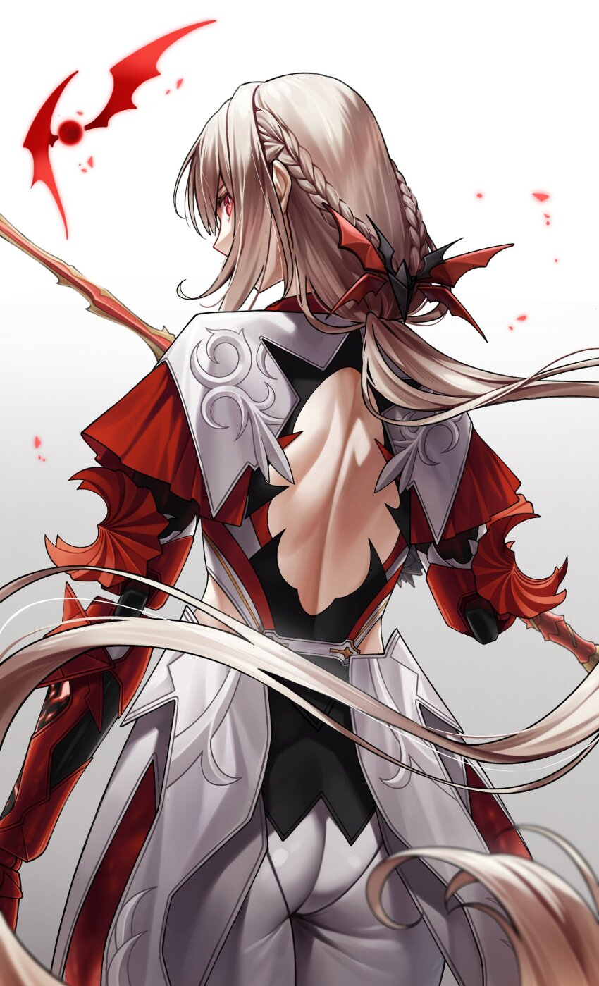 1girl absurdres alternate_costume ass bare_back bianca:_stigmata_(pgr) bianca_(pgr) blonde_hair braid highres holding holding_weapon long_hair looking_at_viewer looking_back myam_(123ab456c) official_alternate_costume ponytail punishing:_gray_raven red_eyes simple_background solo sword very_long_hair weapon white_background