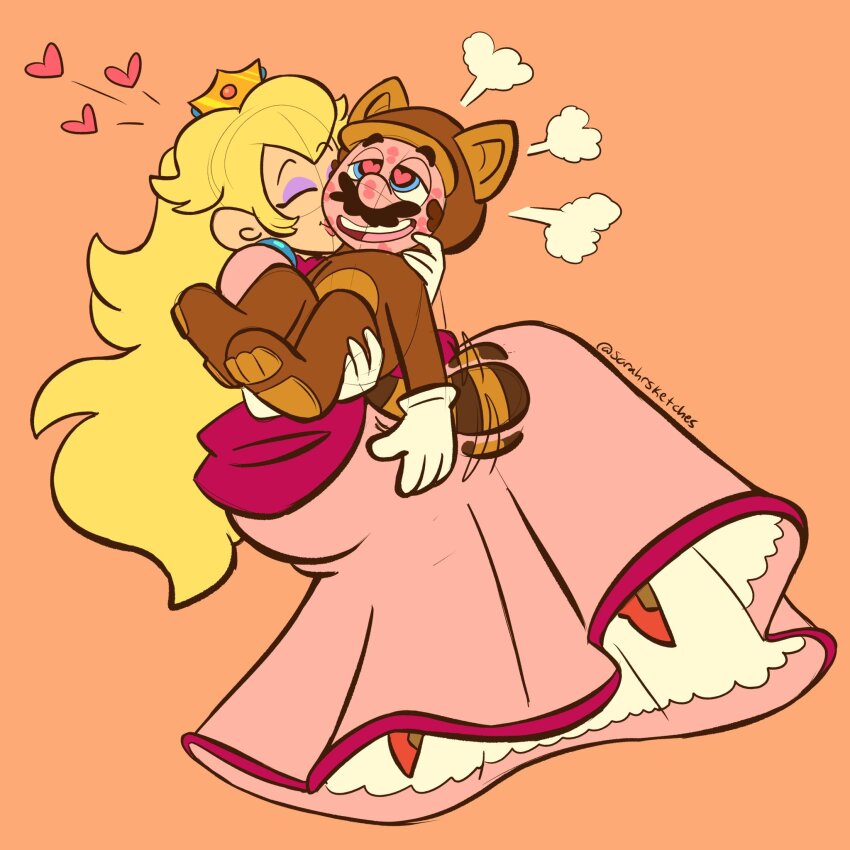 1boy 1girl animal_ears assertive_female blonde_hair brown_hair crown dress gloves happy heart heart-shaped_pupils highres kiss lipstick_mark long_hair mario mario_(series) nintendo princess_peach sarah_sketches super_mario_bros._3 symbol-shaped_pupils tail tanooki_mario tanooki_suit