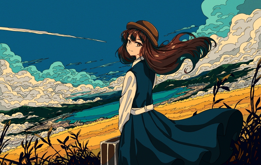 1girl artdroiiid_ii belt blue_dress blue_sky bowler_hat briefcase brown_eyes brown_hair brown_hat closed_mouth cloud cloudy_sky commentary cowboy_shot day double-parted_bangs dress dutch_angle english_commentary flat_color floating_clothes floating_hair from_behind hat highres hill holding holding_briefcase lake ligne_claire long_dress long_hair looking_at_viewer looking_back original outdoors plain scenery shirt sky smile split_mouth standing turning_head white_belt white_shirt wind wind_lift