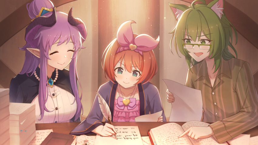 1boy 2girls absurdres brown_hair cat_boy closed_eyes dragon_girl green_eyes hair_bun hair_ribbon highres homare_(princess_connect!) kurumi_(princess_connect!) kurumi_(stage)_(princess_connect!) multiple_girls papers pointy_ears princess_connect! purple_hair quill ribbon sassakntm single_hair_bun writing