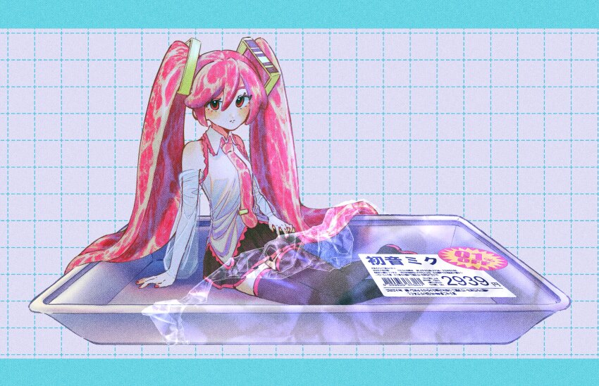 1girl adapted_costume alternate_eye_color alternate_hair_color arm_support barcode black_boots black_skirt blush boots borrowed_design breasts collared_shirt commentary detached_sleeves food-themed_clothes food-themed_hair full_body grey_background grey_shirt grid_background hair_flowing_over hair_ornament hand_on_lap hatsune_miku highres letterboxed long_hair looking_at_viewer medium_breasts miniskirt necktie niku_miku_(nankai) number_pun pink_necktie plastic_wrap pleated_skirt raw_meat red_eyes red_nails sale see-through_clothes see-through_sleeves shirt sitting skirt sleeveless sleeveless_shirt sliced_meat solo thigh_boots tie_clip translation_request tray twintails very_long_hair vocaloid yokozuwari yuleli_01