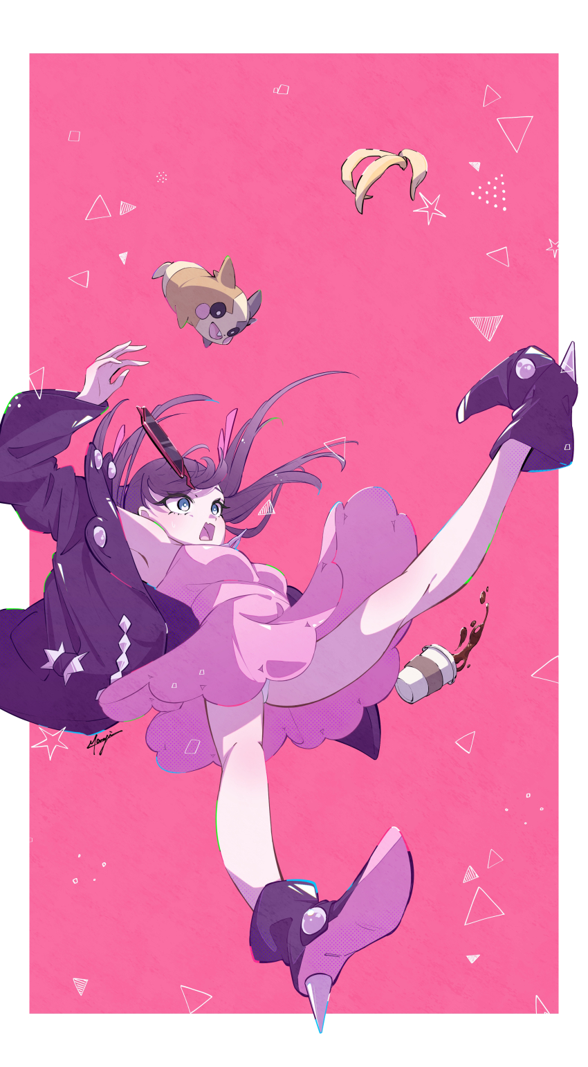 1girl absurdres armpits banana_peel bare_legs black_jacket boots border breasts colored_shoe_soles commentary_request creatures_(company) cup disposable_coffee_cup disposable_cup dress falling floating_hair full_body game_freak gen_4_pokemon gen_8_pokemon green_eyes highres jacket marie_(pixiv59672544) marnie_(pokemon) morpeko morpeko_(full) nintendo open_mouth panties pantyshot pink_dress pokemon pokemon_(creature) pokemon_swsh rotom rotom_phone shoe_soles slipping small_breasts twintails underwear white_border