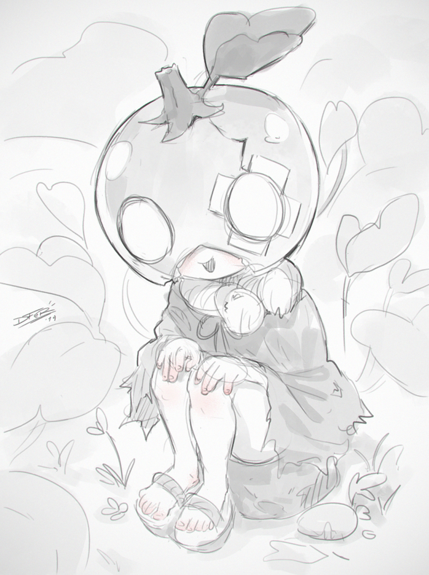 10s 1girl 2019 dr._stone dress food food_on_head fruit grass hands_on_own_knees helmet idfer long_sleeves looking_at_viewer monochrome neck_ribbon o_o object_on_head open_mouth ribbon rock rope_around_neck rope_necklace sandals sitting smile suika_(dr._stone) watermelon