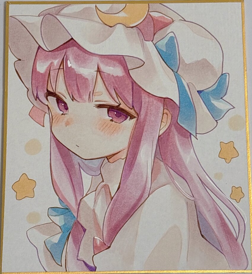 1girl blue_bow blue_ribbon blush bow bun_cover closed_mouth crescent crescent_hat_ornament dress hair_bow hat hat_ornament hat_ribbon highres long_hair looking_at_viewer mob_cap moni_monico patchouli_knowledge portrait purple_eyes purple_hair ribbon sidelocks solo star_(symbol) touhou traditional_media white_dress white_hat