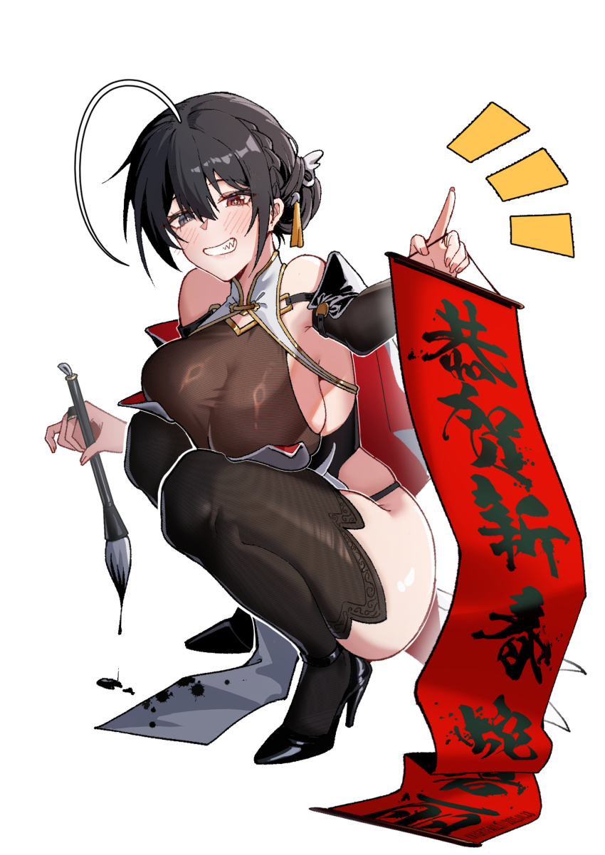 1girl ahoge banner bare_hips bare_shoulders black_eyes black_hair black_thighhighs breasts bridal_gauntlets calligraphy_brush china_dress chinese_clothes chinese_new_year commentary_request dress full_body grin hair_bun happy_new_year heterochromia high_heels highres holding holding_banner holding_calligraphy_brush holding_paintbrush ink knight_fault large_breasts looking_at_viewer mandarin_collar new_year original paintbrush pelvic_curtain red_eyes shiny_skin sideboob simple_background smile solo squatting thighhighs translation_request white_background