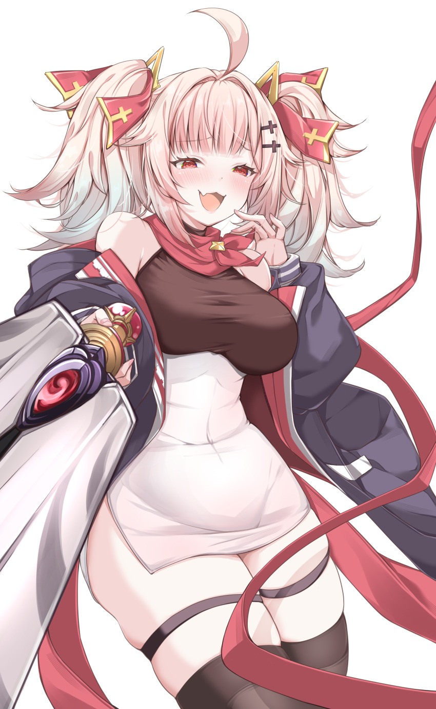 1girl :d absurdres azur_lane black_jacket blonde_hair blush breasts clothes_pull commentary_request commission covered_navel cross_hair_ornament dress fang hair_ornament hair_ribbon half-closed_eyes hand_up hero_(azur_lane) highres hip_focus holding holding_sword holding_weapon jacket jacket_pull long_hair medium_breasts medium_hair messy_hair mikuchi3939 off_shoulder open_clothes open_jacket open_mouth pixiv_commission pointing pointing_at_viewer red_eyes red_ribbon ribbon skindentation sleeveless sleeveless_dress smile smug solo sword thigh_strap thighhighs thighs twintails weapon