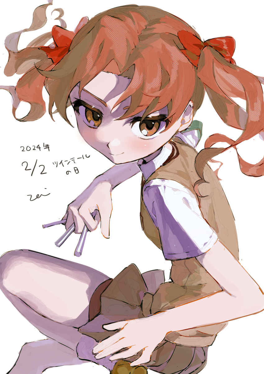 1girl absurdres armband bow brown_eyes brown_hair brown_sweater_vest closed_mouth dated green_armband grey_skirt hair_bow highres holding holding_needle looking_at_viewer needle red_bow school_emblem school_uniform senzai shirai_kuroko shirt skirt smile solo sweater_vest throwing_needles toaru_kagaku_no_railgun toaru_majutsu_no_index tokiwadai_school_uniform twintails white_background white_shirt