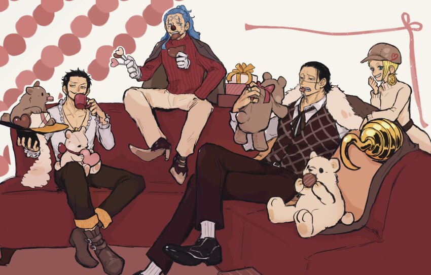 1girl 3boys blonde_hair boots buggy_the_clown candy chocolate commentary_request crocodile_(one_piece) crossed_legs cup disembodied_hand dracule_mihawk earrings eating f4ylu facial_hair food food-themed_earrings food_themed_earrings full_body hat high_heels highres holding holding_cup holding_unworn_clothes holding_unworn_hat jewelry lemon_earrings lollipop makeup miss_valentine multiple_boys mustache one_piece shirt smile socks stitched_face stitches striped_clothes stuffed_animal stuffed_toy teddy_bear unworn_hat unworn_headwear vertical-striped_clothes vest white_shirt