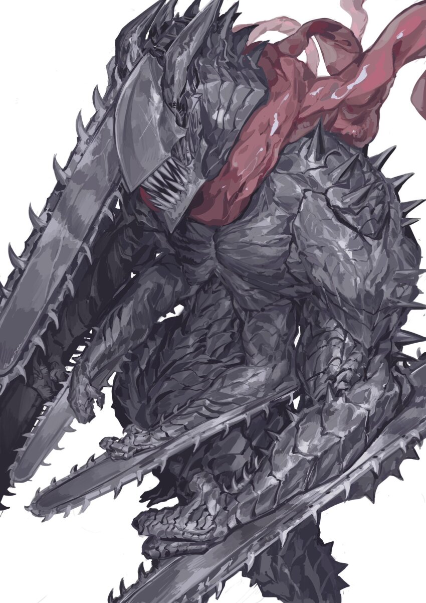 1boy arm_blade armor black_armor black_scales chainsaw chainsaw_devil chainsaw_man commentary demon_horns english_commentary extra_arms highres horns male_focus monster nameno92372763 red_scarf scarf sharp_teeth simple_background solo standing teeth weapon white_background