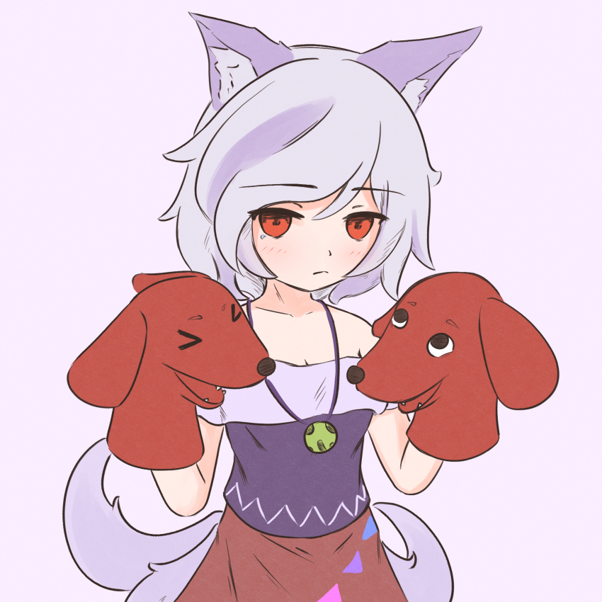 &gt;_&lt; 1girl animal_ear_fluff animal_ears animal_puppet commentary dog_ears english_commentary fangs grey_hair hand_puppet highres jewelry kokowoch laughing_wolves_(meme) light_blush light_frown mitsugashira_enoko multicolored_hair multiple_tails necklace off_shoulder puppet purple_background purple_shirt red_eyes red_skirt shirt short_hair short_sleeves simple_background skirt solo swept_bangs tail touhou two-tone_hair white_hair wolf_ears wolf_girl wolf_tail