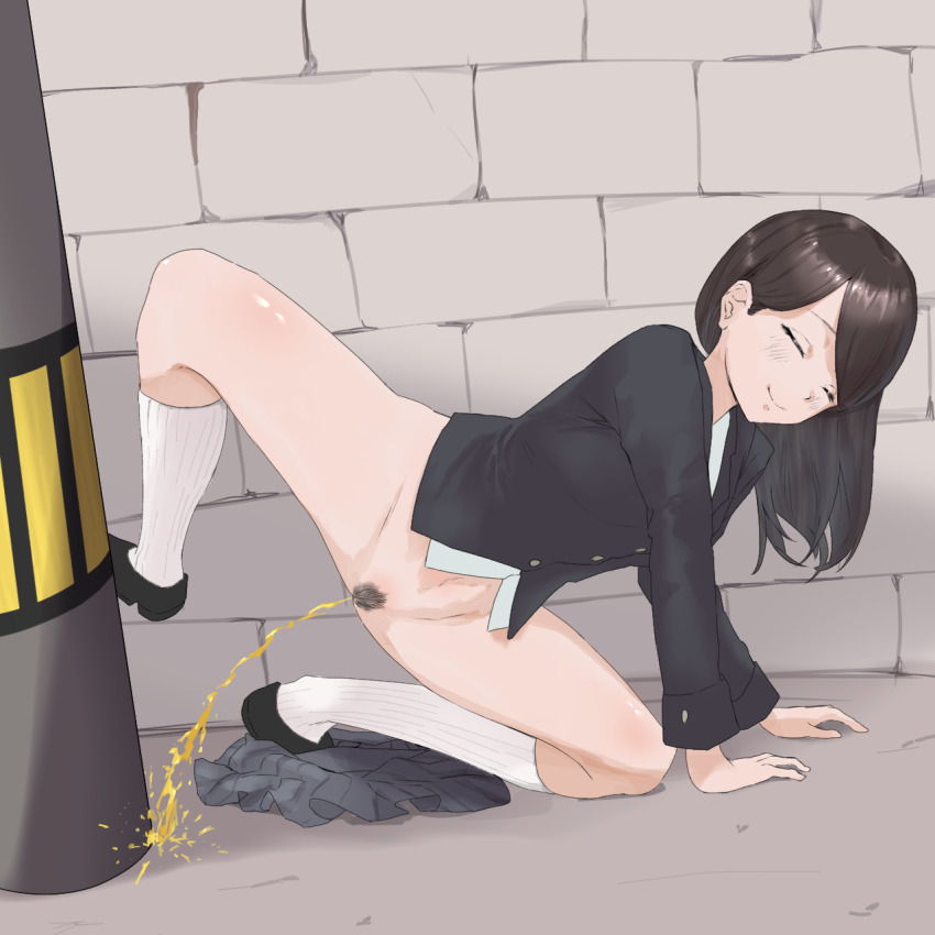 1girl all_fours black_hair black_jacket black_shoes blush bottomless brick_wall closed_eyes grey_skirt highres jacket kapikapi_ookuwagata kneehighs leg_lift leg_up long_hair long_sleeves navel original peeing peeing_like_a_dog pole pubic_hair pussy school_uniform shirt shoes skirt smile socks unworn_skirt white_shirt white_socks