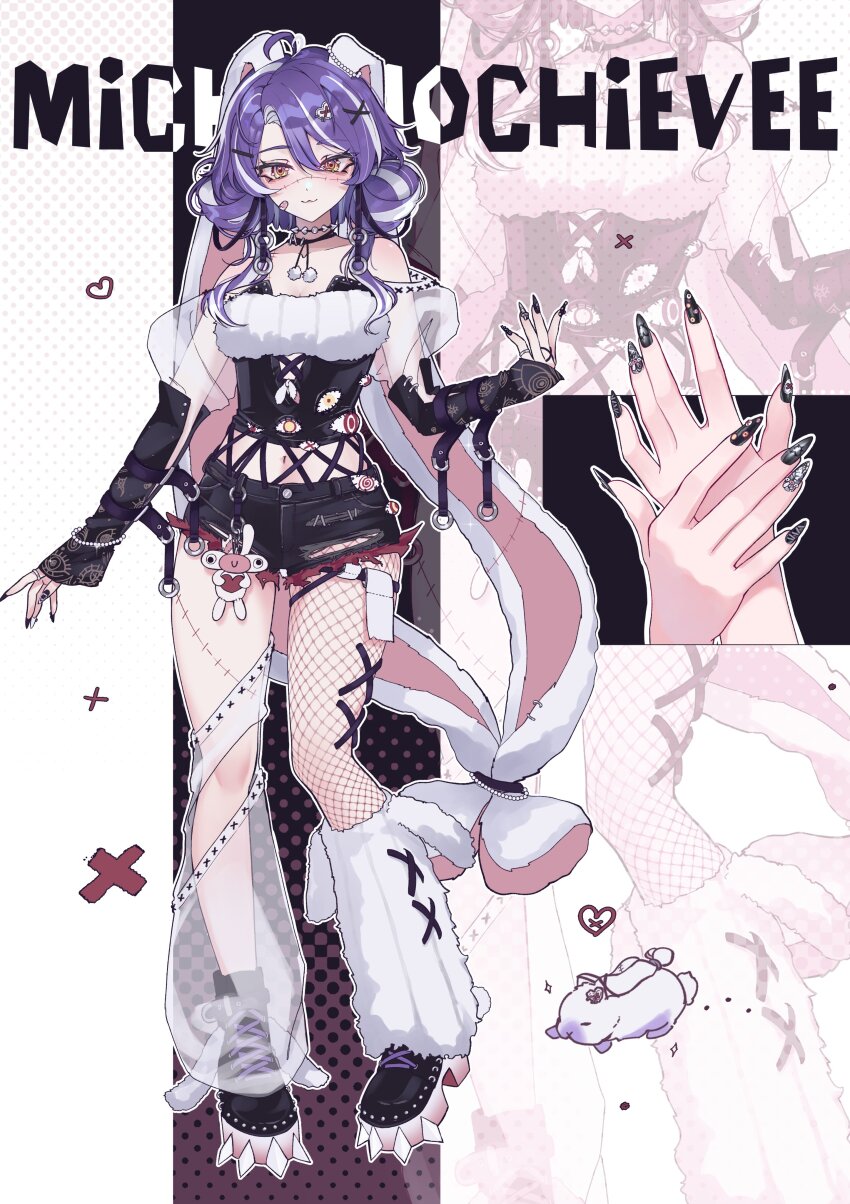 1girl :3 absurdres animal_ears arm_at_side bandaid bandaid_on_face black_nails black_shoes blush breasts cleavage closed_mouth commentary english_commentary fingernails fishnet_thighhighs fishnets full_body hair_between_eyes hair_bun hair_ornament heart heart_hair_ornament highres indie_virtual_youtuber jared_(michi_mochievee) looking_at_viewer lyria_noms medium_breasts michi_mochievee navel purple_hair rabbit rabbit_ears shoelaces shoes single_thighhigh smile solo star_(symbol) star_in_eye stitched_face stitched_leg stitches symbol_in_eye thighhighs virtual_youtuber white_background white_streaks yellow_eyes