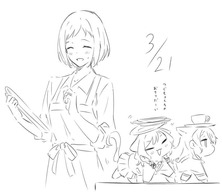3girls :3 =_= ^_^ animal_ears apron bang_dream! blush cat_ears cat_girl cat_tail chibi closed_eyes commentary dated greyscale hanasakigawa_school_uniform haneoka_school_uniform hazawa_tsugumi highres hikawa_hina hikawa_sayo holding holding_tray kanade_(kanade_3344) kemonomimi_mode long_hair monochrome multiple_girls open_mouth school_uniform short_hair simple_background sweatdrop tail tray white_background