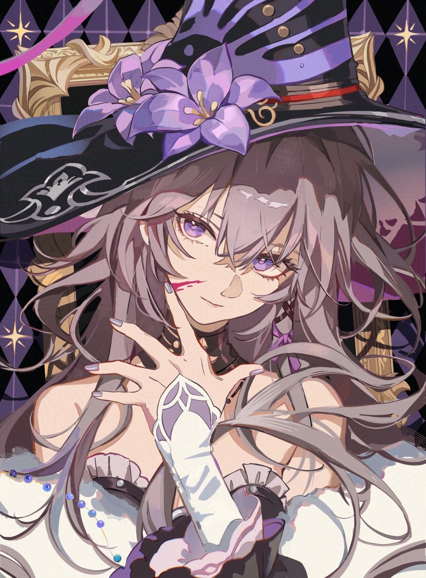 1girl absurdres ascot bad_id bad_twitter_id black_collar blood blood_on_face brown_hair closed_mouth collar flower hair_ribbon hand_up hat hat_flower herta_(honkai:_star_rail) highres honkai:_star_rail honkai_(series) jewelry key key_necklace long_hair looking_at_viewer nail_polish necklace portrait purple_eyes purple_flower purple_nails purple_ribbon ribbon smile solo the_herta_(honkai:_star_rail) white_ascot witch_hat zerotabi1210