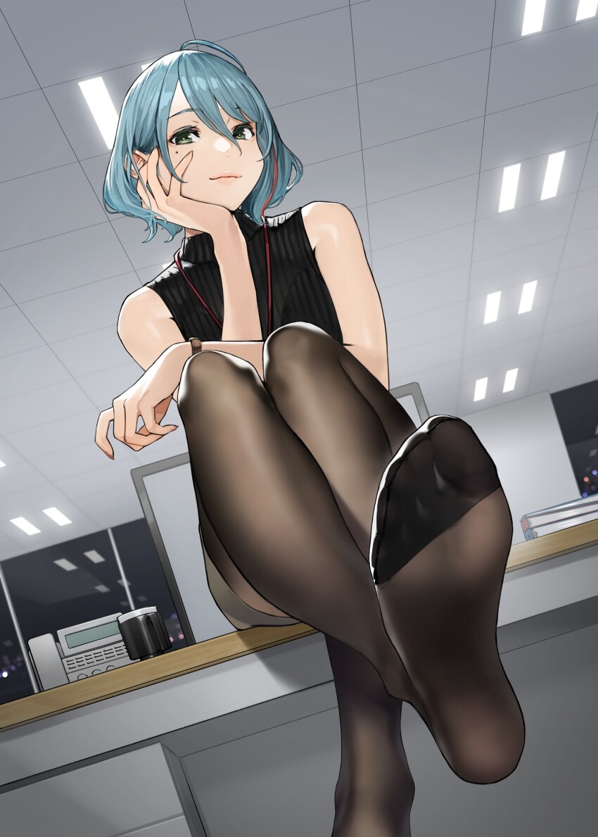 1girl antenna_hair black_sweater blue_hair dead_or_alive dead_or_alive_xtreme dead_or_alive_xtreme_venus_vacation desk ears feet female_focus foot_focus from_below green_eyes hair_between_eyes hand_on_chin highres indoors legs legs_up light_blue_hair light_smile lipstick looking_at_viewer makeup mole no_shoes office office_lady official_art on_desk pantyhose short_hair sidelocks sitting sleeveless sleeveless_turtleneck smile soles solo sweater tamaki_(doa) toes turtleneck turtleneck_sweater watch wristwatch yomu_(sgt_epper)