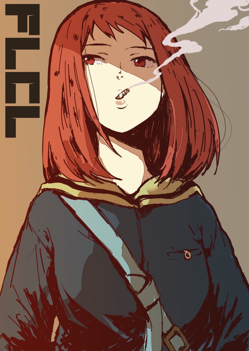 1girl blue_jacket cigarette commentary_request copyright_name eshaku_(asifu-coffee) female_focus flcl highres jacket lips long_sleeves looking_up mouth_hold red_eyes red_hair samejima_mamimi school_uniform short_hair skirt smoke smoking solo upper_body