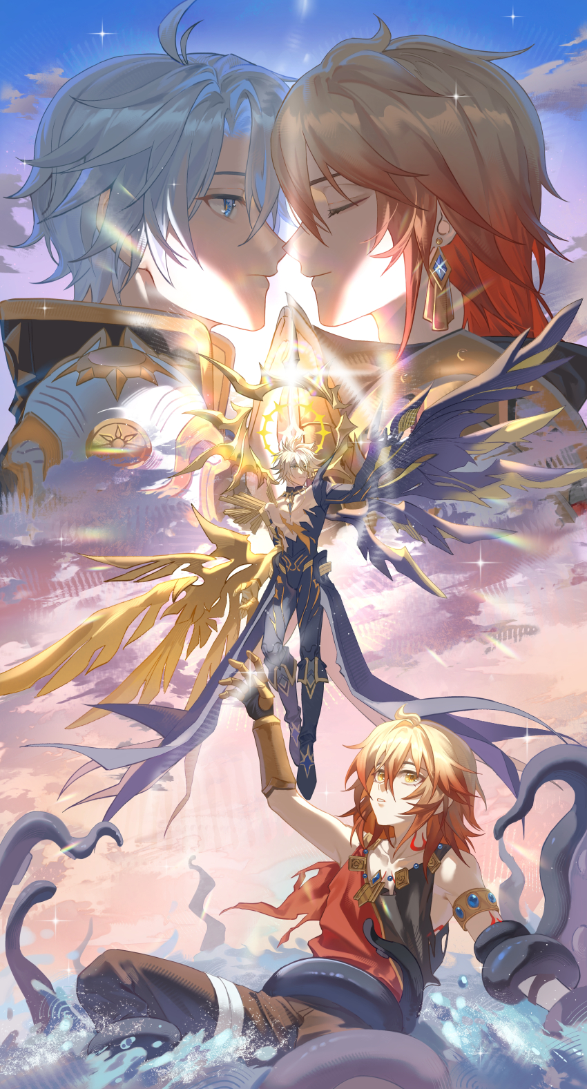 2boys absurdres age_comparison alternate_form antenna_hair armlet armor asymmetrical_wings bare_pectorals black_pants black_shirt black_wings blonde_hair blue_eyes chinese_commentary clawed_gauntlets closed_eyes commentary_request cracked_skin earrings gold_earrings gold_necklace gradient_hair hair_between_eyes halo halo_behind_head highres honkai:_star_rail honkai_(series) jewelry looking_at_another male_focus material_growth medium_hair multicolored_hair multiple_boys mydei_(a_trail_of_bygone_blood)_(honkai:_star_rail) mydei_(honkai:_star_rail) necklace pants parted_bangs parted_lips pauldrons pectorals phainon_(honkai:_star_rail) profile red_hair shirt short_hair shoulder_armor single_pauldron sleeveless sleeveless_shirt tentacles torn_clothes torn_shirt white_hair wings yaoi yellow_blood yellow_eyes yellow_wings yinghuacanluo