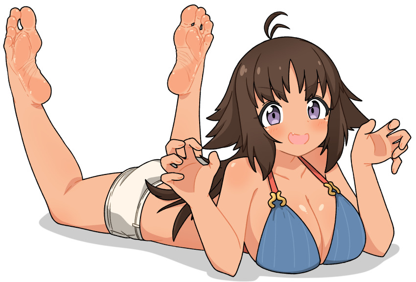 1girl barefoot blush brown_hair feet highres kaori_(princess_connect!) long_hair looking_at_viewer lying nairo on_stomach open_mouth princess_connect! purple_eyes soles the_pose toes