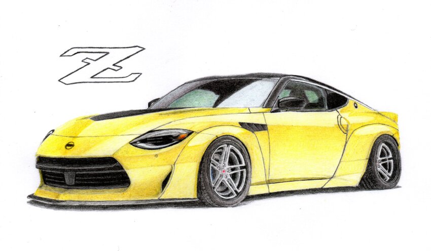 car from_side highres motor_vehicle nissan nissan_fairlady_z nissan_z_(rz34) no_humans original shadow simple_background sports_car sting_custom traditional_media vehicle_focus white_background yellow_car