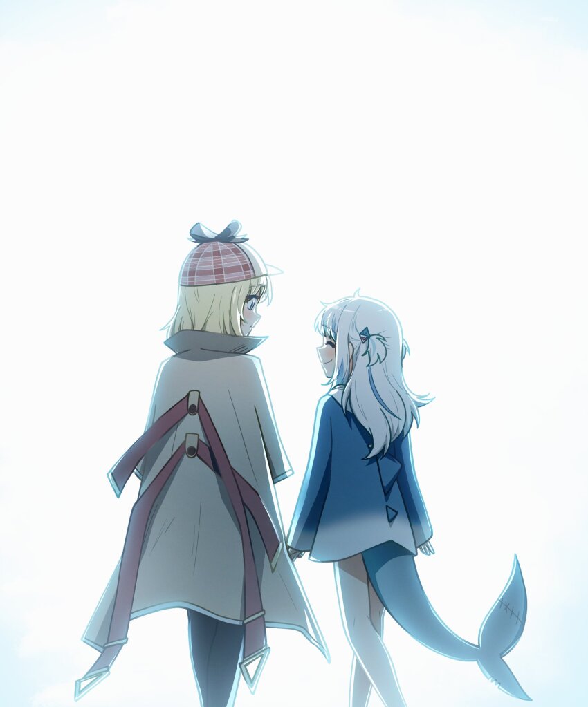 2girls black_pantyhose blonde_hair blue_eyes blue_hoodie brown_hat brown_jacket closed_eyes closed_mouth ddolbang fins fish_tail gawr_gura gawr_gura_(1st_costume) hair_ornament hat highres hololive hololive_english hood hoodie jacket medium_hair multiple_girls pantyhose shark_girl shark_hair_ornament shark_tail smile tail two_side_up virtual_youtuber watson_amelia watson_amelia_(1st_costume) white_hair