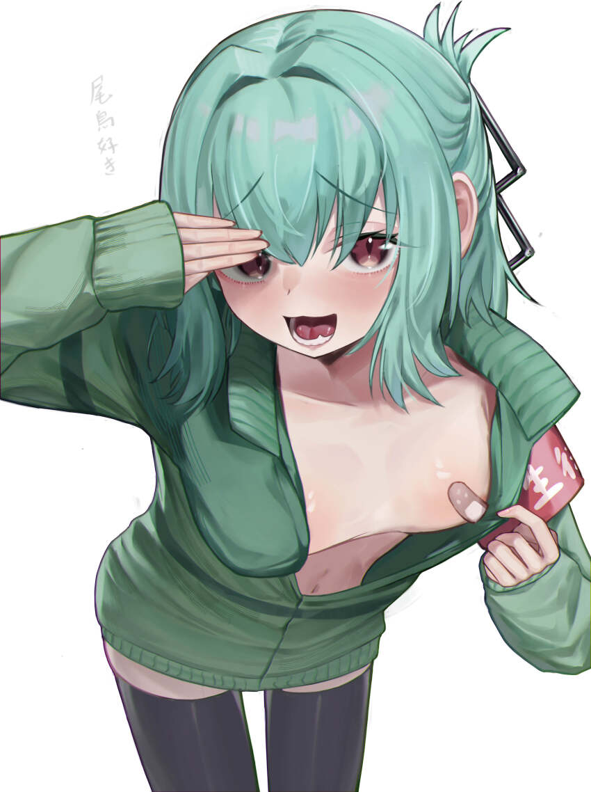 1boy absurdres bandaid bandaids_on_nipples black_thighhighs commentary_request green_hair green_jacket highres jacket lechiennoir long_sleeves looking_at_viewer male_focus male_with_breasts open_mouth otori_tan pasties red_eyes salute seitokai_ni_mo_ana_wa_aru! simple_background solo standing thighhighs trap white_background