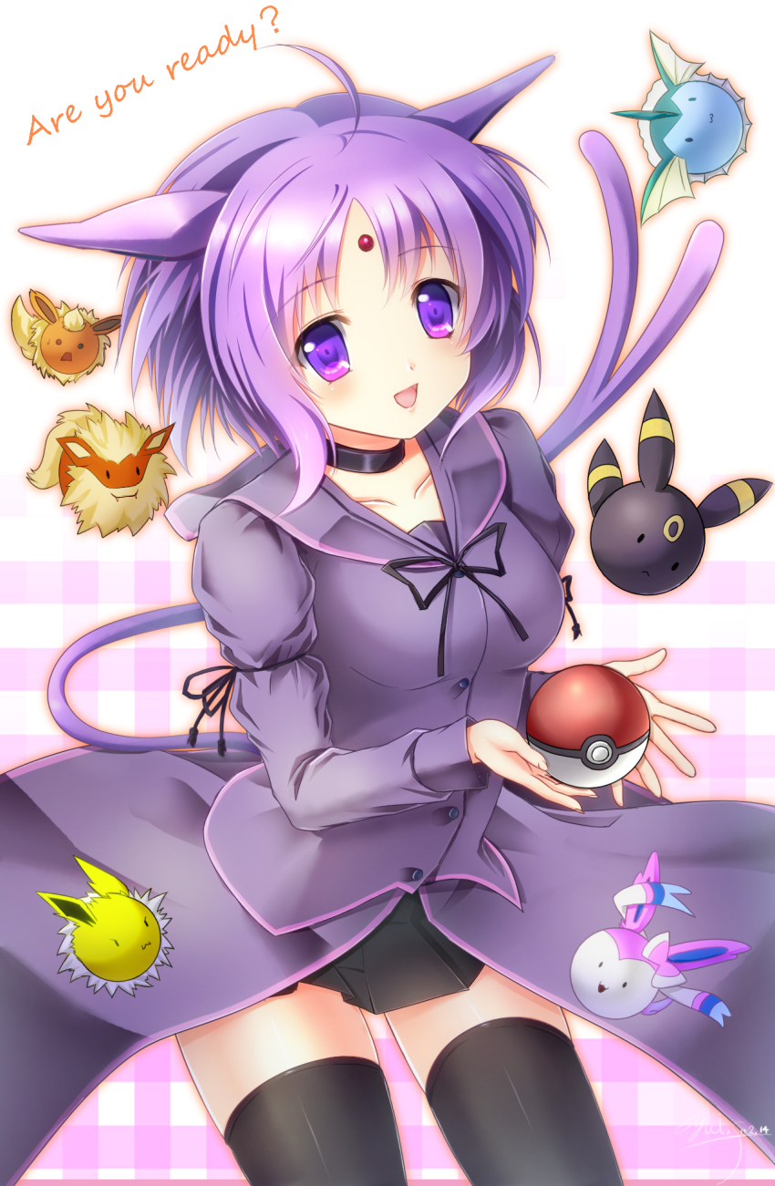 1girl :d ahoge animal_ears arcanine artist_name black_thighhighs blouse chibi eevee espeon facial_mark female_focus flareon forehead_mark gen_1_pokemon gen_2_pokemon gen_6_pokemon highres holding holding_poke_ball jolteon nintendo odd_one_out open_mouth personification poke_ball pokemon purple_eyes purple_hair purple_shirt shirt short_hair smile solo sylveon tail thighhighs umbreon vaporeon yuitsuki1206
