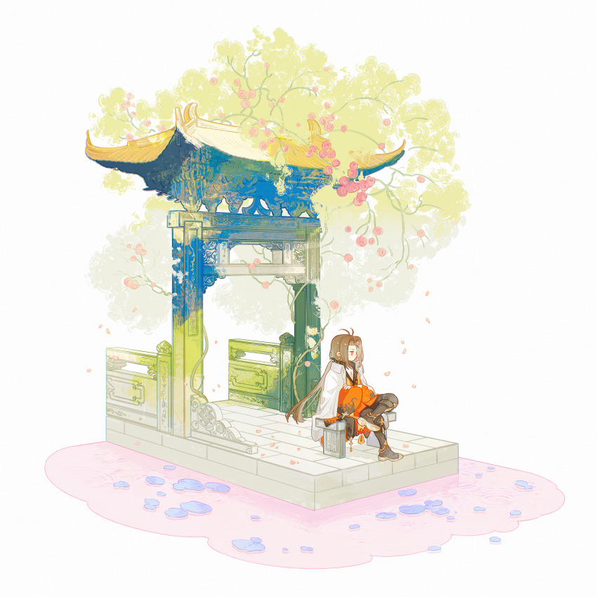 1boy antenna_hair architecture bench black_boots black_pants boots brown_hair cape chest_tattoo chinese_clothes closed_mouth collared_cape crossed_arms curtained_hair earrings east_asian_architecture expressionless falling_petals figure_four_sitting flower gate highres jewelry knee_boots lianhua_blood_duck_(the_tale_of_food) lily_pad long_hair long_sleeves low_ponytail male_focus official_alternate_costume open_clothes open_robe pants parted_bangs petals pier pink_flower plant ponytail red_eyes red_robe robe shuling simple_background sitting solo stone_bench tangzhuang tattoo the_tale_of_food tree vines water white_cape wide_sleeves
