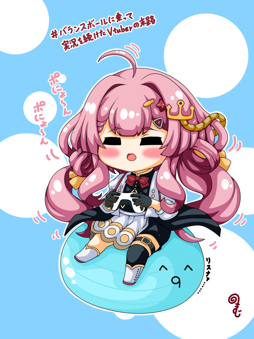 1girl :d ^_^ ^q^ ahoge anchor_hair_ornament black_gloves black_shirt black_shorts black_thighhighs blue_background blush_stickers boots bow chibi closed_eyes controller fish_hair_ornament game_controller gloves hair_intakes hair_ornament highres holding indie_virtual_youtuber jacket kurukurumagical long_hair long_sleeves misaki_nagi motion_lines open_mouth pink_hair puffy_long_sleeves puffy_sleeves red_bow shirt shorts simple_background single_thighhigh sitting skirt smile solo starfish_hair_ornament thighhighs thighhighs_under_boots translation_request very_long_hair virtual_youtuber white_boots white_jacket white_skirt