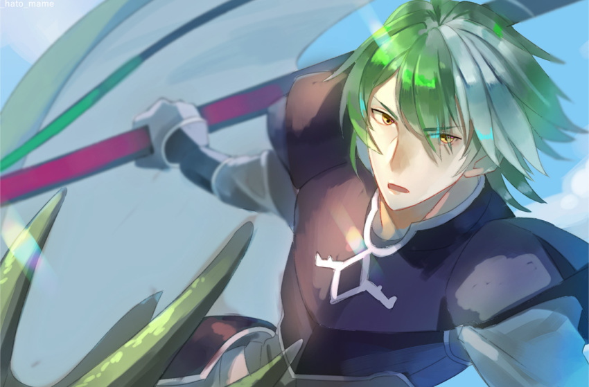 1boy armor bad_id bad_pixiv_id fire_emblem fire_emblem:_the_blazing_blade gloves green_hair hatomame heath_(fire_emblem) male_focus multicolored_hair nintendo open_mouth polearm sky solo spear two-tone_hair weapon white_hair yellow_eyes