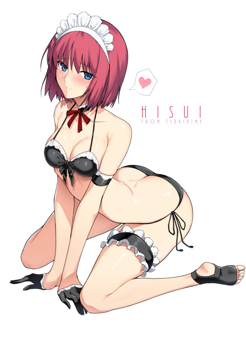 1girl arched_back ass bikini blue_eyes blush breasts butt_crack choker cleavage embarrassed feet front-tie_bikini_top front-tie_top garter_belt gloves halcon heart highres hisui_(tsukihime) maid maid_headdress medium_breasts medium_hair red_hair revealing_clothes ribbon_choker side-tie_bikini_bottom solo spoken_heart swimsuit toeless_footwear tsukihime