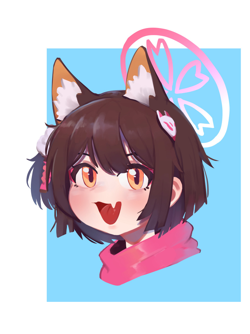 1girl absurdres animal_ear_fluff animal_ears blue_archive brown_hair commentary fang fox_ears fox_girl fox_hair_ornament halo highres izuna_(blue_archive) looking_at_viewer lulubelleiii open_mouth orange_eyes pink_halo pink_scarf portrait scarf short_hair skin_fang solo