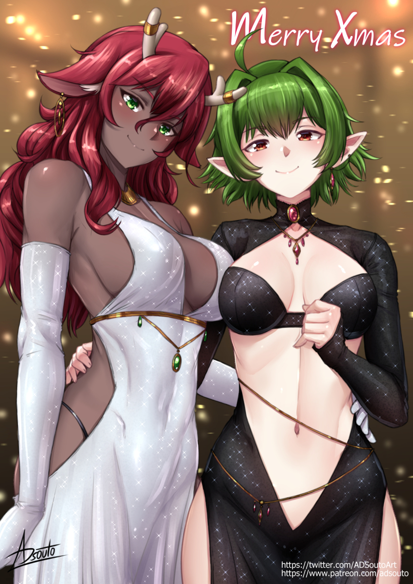 2girls adsouto ahoge animal_ears antler_ring antlers black_dress breasts dark-skinned_female dark_skin deer_antlers deer_ears deer_girl dress earrings elbow_gloves elf gloves green_eyes green_hair hair_between_eyes hair_intakes hand_on_another&#039;s_hip highres horns jewelry large_breasts long_sleeves looking_at_viewer medium_breasts merry_christmas multiple_girls navel necklace orange_eyes original pointy_ears red_hair revealing_clothes short_hair shrug_(clothing) sideboob signature smile very_dark_skin very_short_hair white_dress