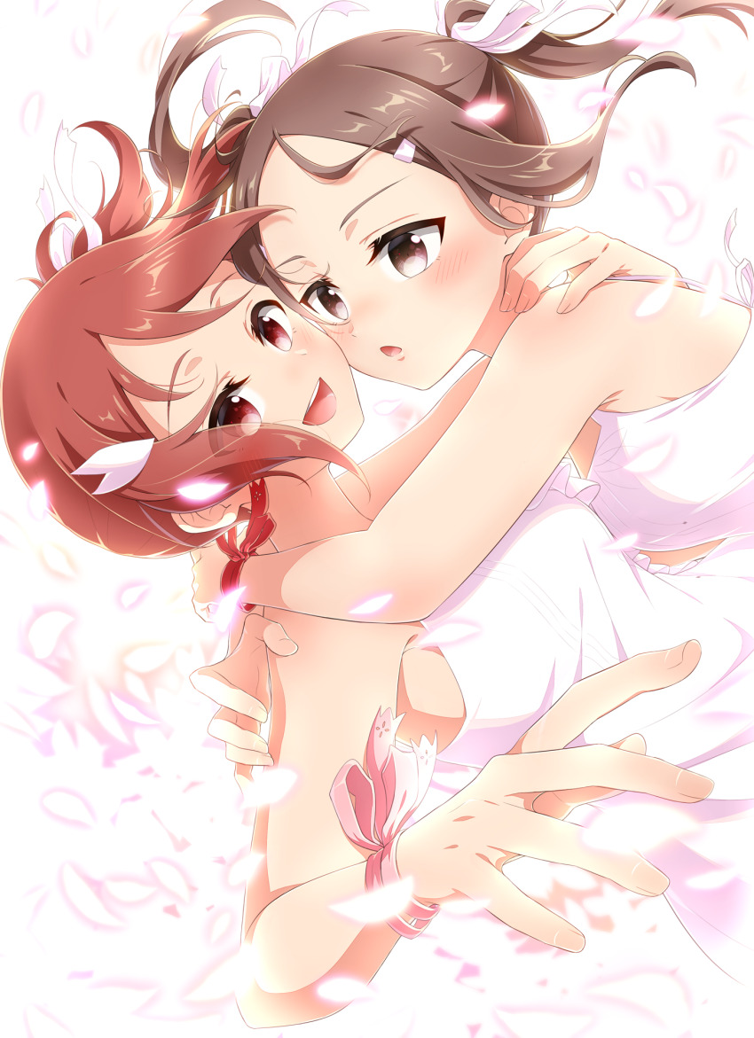2girls :d bare_arms blush brown_eyes brown_hair d: dress eda_udon floating_hair hair_ornament hair_ribbon hairclip highres long_hair looking_at_another miyoshi_karin multiple_girls open_mouth parted_bangs pink_ribbon red_eyes red_hair red_ribbon ribbon side_ponytail simple_background sleeveless sleeveless_dress smile sundress twintails white_background white_dress white_ribbon wrist_ribbon yuuki_yuuna yuuki_yuuna_wa_yuusha_de_aru yuusha_de_aru