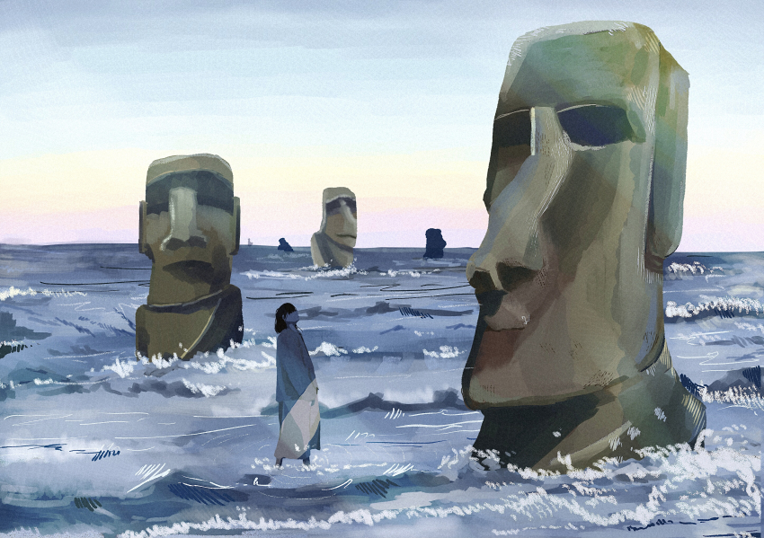 1girl black_hair blue_sky commentary easter_island from_side grey_skirt grey_sweater highres horizon ikura_donburi_(mmom_x) long_sleeves looking_up moai morning ocean original short_hair skirt sky sleeves_past_wrists solo sunrise sweater symbol-only_commentary wading waves wide_shot