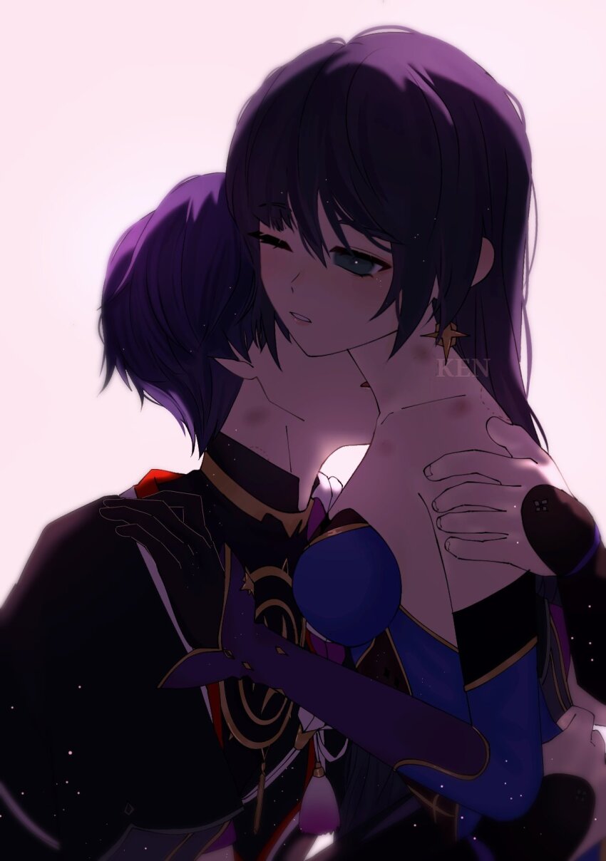 1boy 1girl alternate_hairstyle armor backlighting bare_shoulders bite_mark_on_back black_bodysuit black_hair black_kimono black_sleeves blue_leotard blue_sleeves blunt_ends bodystocking bodysuit breasts collarbone couple detached_sleeves earrings eyelashes fingernails genshin_impact gold gold_trim grey_eyes han&#039;eri hand_on_another&#039;s_back hand_on_another&#039;s_shoulder hetero hickey highres japanese_armor japanese_clothes jewelry kimono kiss kissing_neck kote kurokote layered_kimono layered_sleeves leotard long_hair mandarin_collar medium_breasts mona_(genshin_impact) moriko_ken11 neck_ring one_eye_closed open_clothes open_hands open_kimono purple_hair purple_rope purple_sleeves red_kimono rope scaramouche_(genshin_impact) shimenawa short_sleeves sidelocks star_(symbol) star_earrings strapless strapless_leotard tassel two-tone_sleeves unfinished white_kimono white_rope