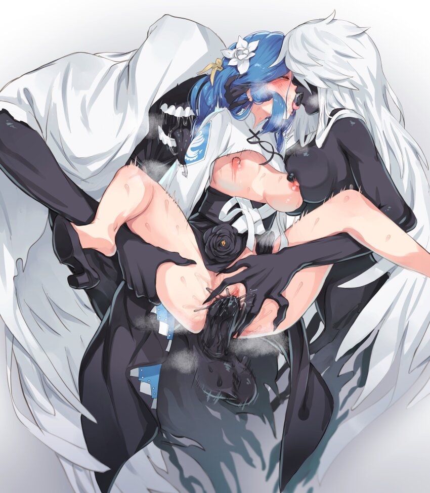 1boy 2girls absurdres bisexual_female black_dress black_flower black_skin blush breasts breath colored_skin dizzy_(guilty_gear) dress flower french_kiss group_sex guilty_gear guilty_gear_strive hair_flower hair_ornament highres kiss large_breasts large_penis long_hair mature_female mocomori multiple_girls necro_(guilty_gear) nipples penis pussy queen_dizzy sex shoe_dangle spread_legs spread_pussy steam steaming_body swept_bangs testicles threesome tongue tongue_out uncensored undine_(guilty_gear) vaginal veins veiny_penis white_dress white_flower white_hair yellow_flower