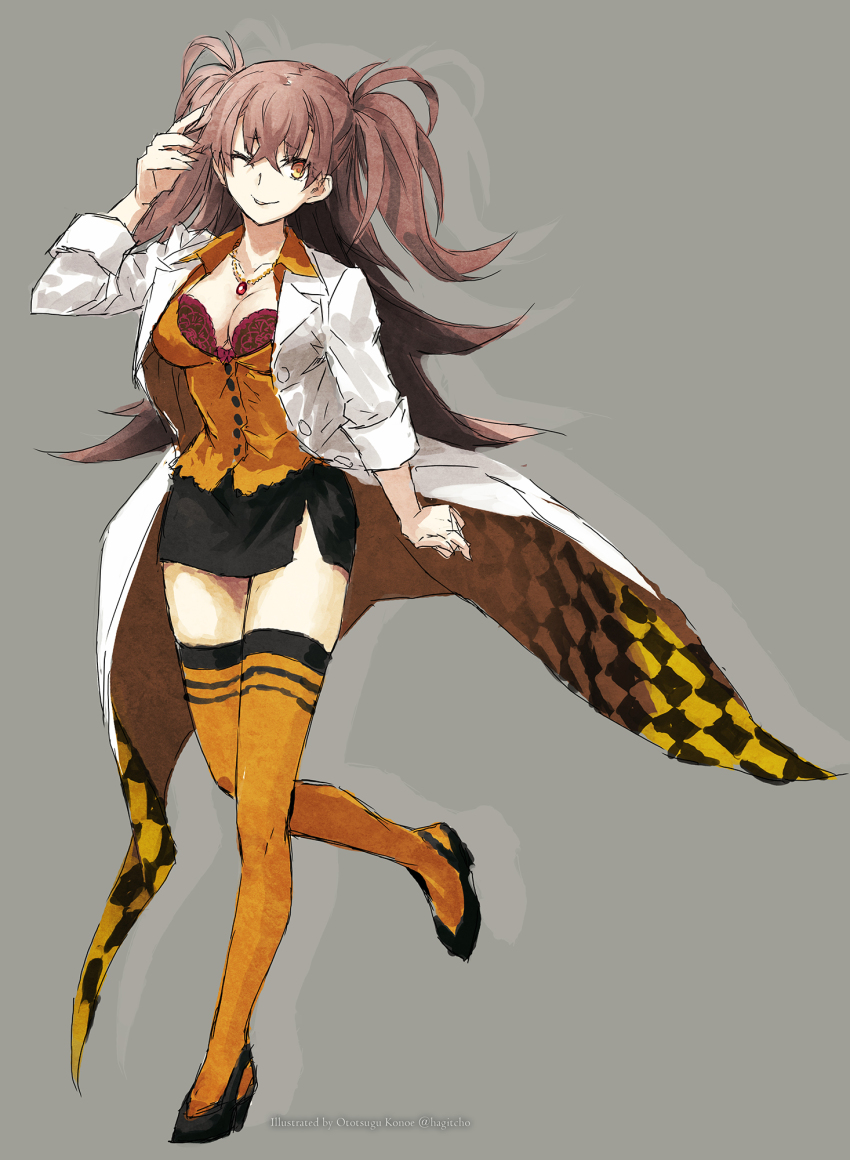 1girl artist_name black_footwear black_skirt bra breasts brown_hair cleavage coat crossed_bangs dr._arach full_body grey_background hair_between_eyes hand_in_own_hair hand_to_head head_tilt high_heels highres jewelry konoe_ototsugu lab_coat lace lace_bra long_hair looking_at_viewer medium_breasts miniskirt necklace one_eye_closed open_clothes open_coat orange_eyes orange_thighhighs orange_vest patterned_clothing pencil_skirt pendant pumps purple_bra side_slit simple_background sketch skipping skirt sleeves_rolled_up smile solo standing tehepero thighhighs tongue tongue_out tsukihime tsukihime_(remake) twitter_username two_side_up underwear vest
