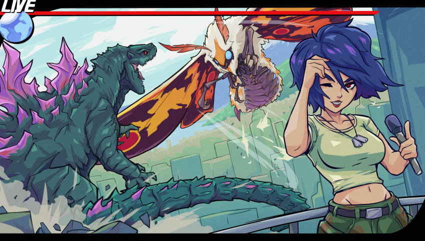1girl absurdres antennae atari battle belt belt_buckle black_belt blue_eyes blue_hair blue_sky breasts buckle bug city cloud compound_eyes crop_top curvy day destruction dinosaur dog_tags doobermcgoober fighting flying giant giant_monster godzilla godzilla:_domination godzilla_(series) highres hill holding holding_microphone hood insect kaiju lipstick live live_broadcast looking_at_viewer makeup matsu_connie medium_breasts microphone midriff military military_uniform monster moth mothra navel news reporter newscaster no_pupils one_eye_closed open_mouth outdoors pants pipeworks red_eyes reporter roaring sea_monster sharp_teeth short_hair sky spikes standing tail teeth toho wayforward wings