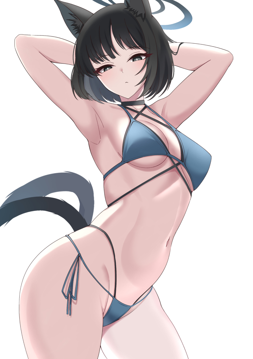 1girl animal_ears arms_behind_head bikini black_bikini black_eyes black_hair blue_archive blue_bikini breasts cat_ears cat_girl cat_tail closed_mouth cowboy_shot criss-cross_halter halo halterneck highres kikyou_(blue_archive) kikyou_(swimsuit)_(blue_archive) layered_bikini looking_at_viewer multiple_tails nanao_(naoekaki25) navel official_alternate_costume short_hair simple_background solo stomach swimsuit tail two_tails white_background